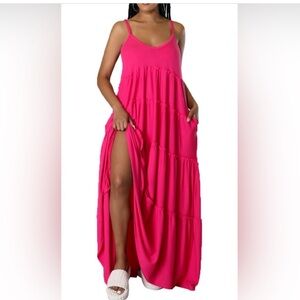 Zenana Vibrant Pink Tiered Maxi Dress with Adjustable Straps NWOT